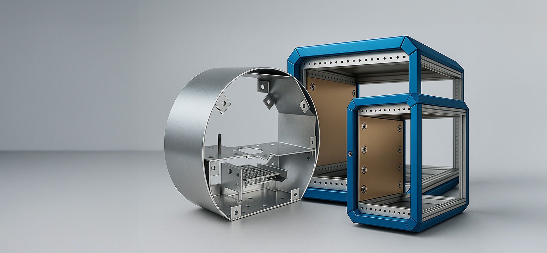 Industrielle Gehäuse aus Metall und Aluminiumprofilen auf grauem Hintergrund